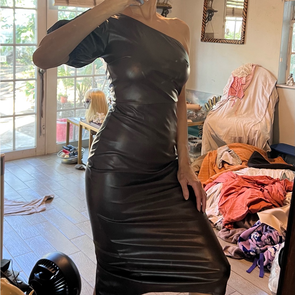 Chic One-Shoulder Brown Faux Leather Dress New With Tags